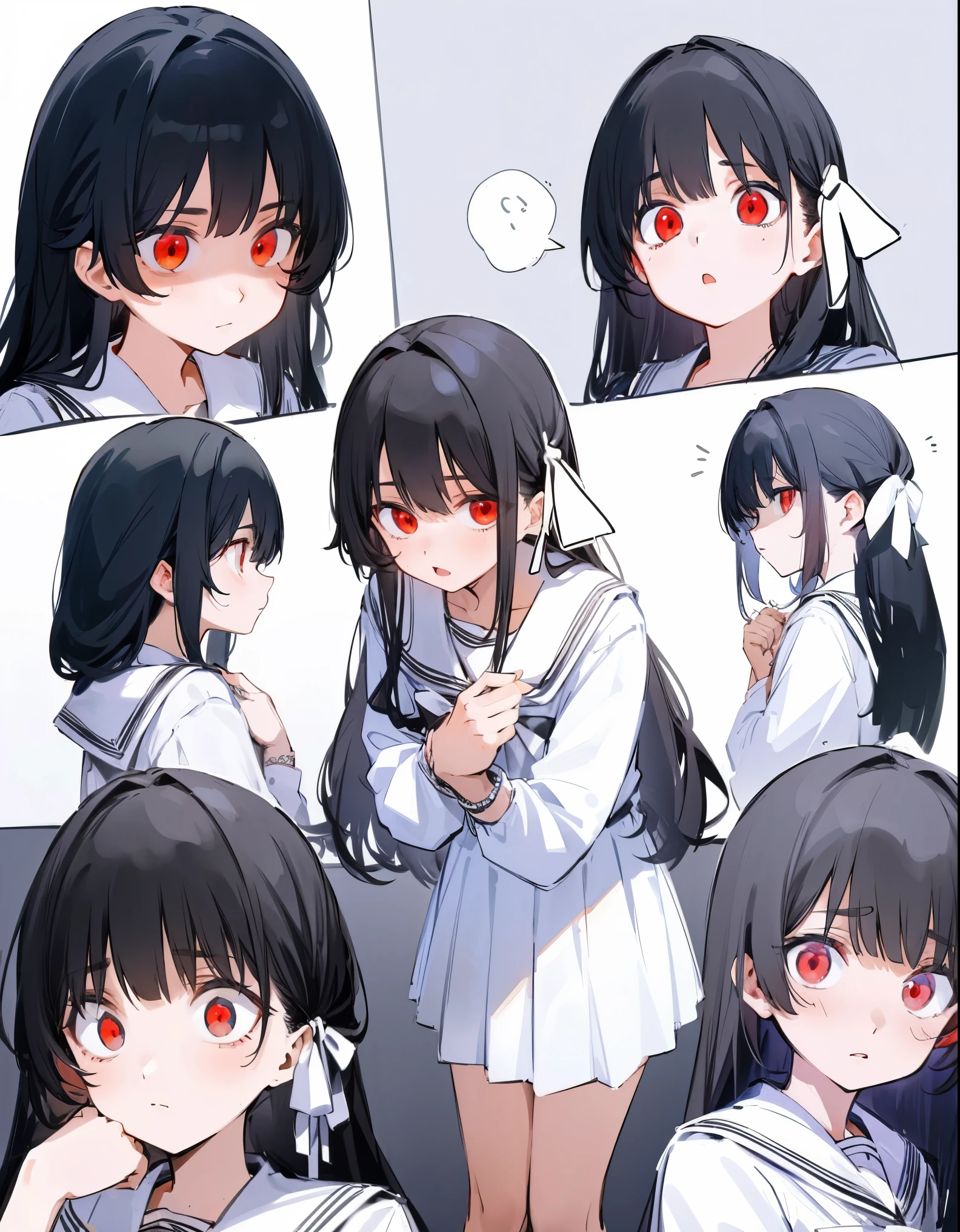 Long black hair, super red eyes, red eyes