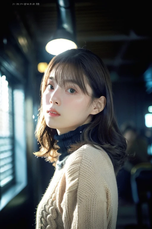 ((highest quality)), ((masterpiece)), (detailed), Perfect Face、medium Hair、brown wavy hair、Cable-knit Sweater black,A-line Skirt、Moonlight、Indirect Lighting、From Side、、Harry Potter-style train station