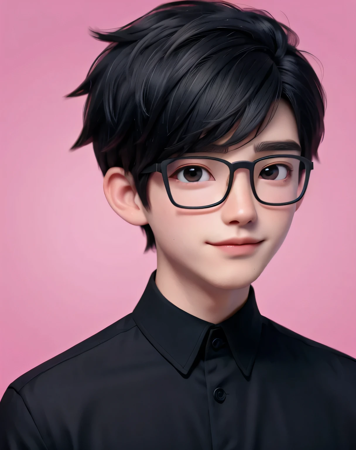 best quality, 1boy, solo, cartoon portrait , simple background, short hair, pink lips, black hair, black shirt, black glasses