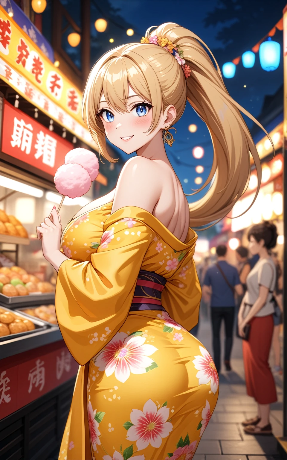 ((One girl)), Beautiful smile,Very happy expression,Smile kindly,Glossy Lips,Abstract, night,Festival food stalls, ((Anime style background)),masterpiece, highest quality, so beautiful, Absurd, up to date, Complex details, (Pink long nails),AI-generated, Complex,High resolution, highest quality, super high quality,3D Images、View the viewers、3D Images,one person,Long Blonde Hair,High Ponytail,blue eyes,Anime woman posing for a photo, [[Fine grain、Colorful eyes、Shining Eyes:1.15]],(Squint your eyes:1.1),a hyperRealistic , hyperRealistic , Realistic , Blonde anime woman with long hair, Smooth anime CG art, A woman in a colorful kimono with gold embroidery, Yellow kimono,Pink floral pattern,Flower Hair Ornaments,Earrings,(Large Breasts:1.3),Mature Body,tall,Big Ass,Fine details,Abdominal muscles,Look back,holding cotton candy in one hand