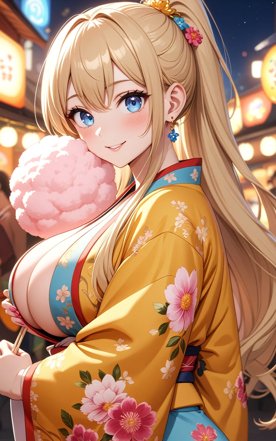 ((One girl)), Beautiful smile,Very happy expression,Smile kindly,Glossy Lips,Abstract, night,Festival food stalls, ((Anime style background)),masterpiece, highest quality, so beautiful, Absurd, up to date, Complex details, (Pink long nails),AI-generated, Complex,High resolution, highest quality, super high quality,3D Images、View the viewers、3D Images,one person,Long Blonde Hair,High Ponytail,blue eyes,Anime woman posing for a photo, [[Fine grain、Colorful eyes、Shining Eyes:1.15]],(Squint your eyes:1.1),a hyperRealistic , hyperRealistic , Realistic , Blonde anime woman with long hair, Smooth anime CG art, A woman in a colorful kimono with gold embroidery, Yellow kimono,Pink floral pattern,Flower Hair Ornaments,Earrings,(Large Breasts:1.3),Mature Body,tall,Big Ass,Fine details,Abdominal muscles,Look back,holding cotton candy in one hand