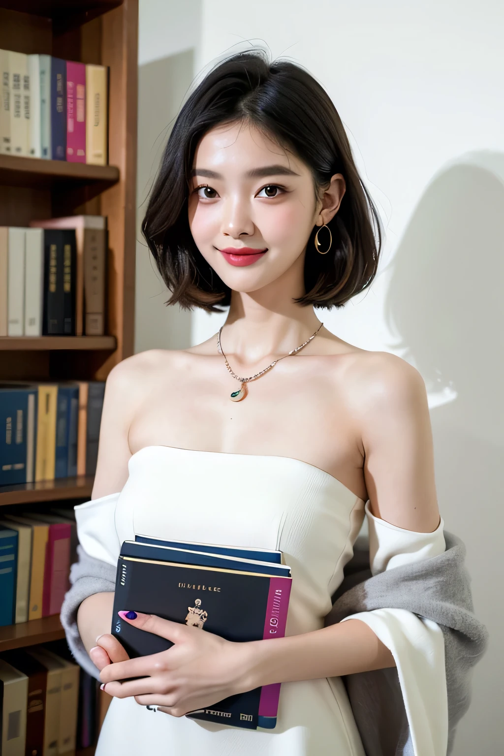(Extra detailed body、The face is rich in detail、Best quality:1.2)、woman、looking at the audience、(quirky fashion、Large shoulder-length piercing、A necklace、Colorful contrasting clothes、Asymmetry)、(Contrasting white and gray wall on background),Smiling,Between bookshelves,Gentle,read,