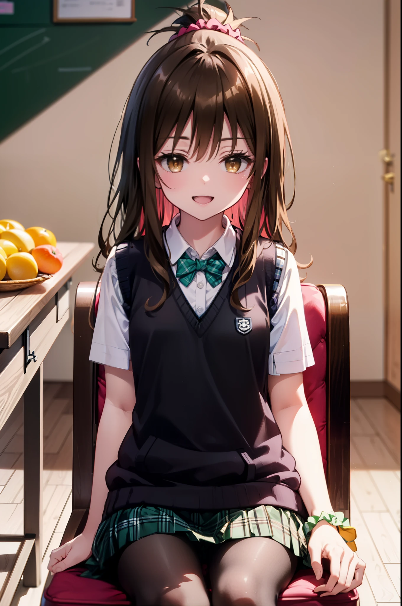 Follow Us, Yuki mandarin orange, (Brown eyes:1.5), Brown Hair, hair ornaments, hair Scrunchie, Long Hair, pink Scrunchie, Scrunchie, (Flat Chest:1.2),happy smile, smile, Open your mouth,
break green skirt,Short sleeve, Plaid, Plaid skirt, Sainan High , , skirt, shirt, white shirt, Sweater vest, (black Sweater vest:1.5),Brown loafers,Black pantyhose,sitting cross-legged on a chair,whole bodyがイラストに入るように
break indoors, classroom,
break looking at viewer, whole body,
break (masterpiece:1.2), highest quality, High resolution, unity 8k wallpaper, (figure:0.8), (Beautiful fine details:1.6), Highly detailed face, Perfect lighting, Highly detailed CG, (Perfect hands, Perfect Anatomy),