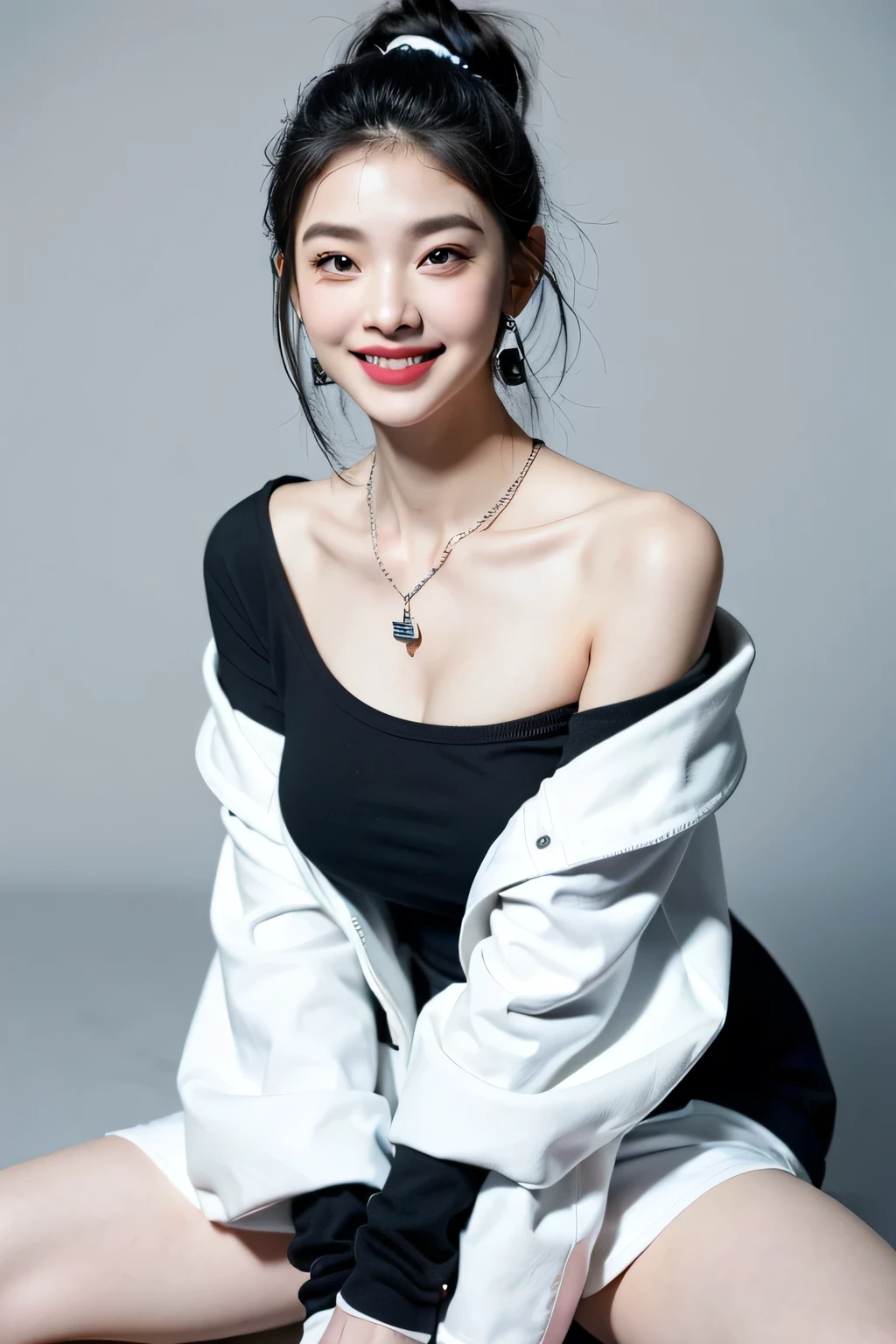 (Extra detailed body、The face is rich in detail、Best quality:1.2)、woman、looking at the audience、Full body model,(quirky fashion、Large shoulder-length piercing、A necklace、Clothes with strong contrast of gray, blue, white and black、Asymmetry)、(Contrasting white and gray wall on background),Smiling,Big breasts,Smiling