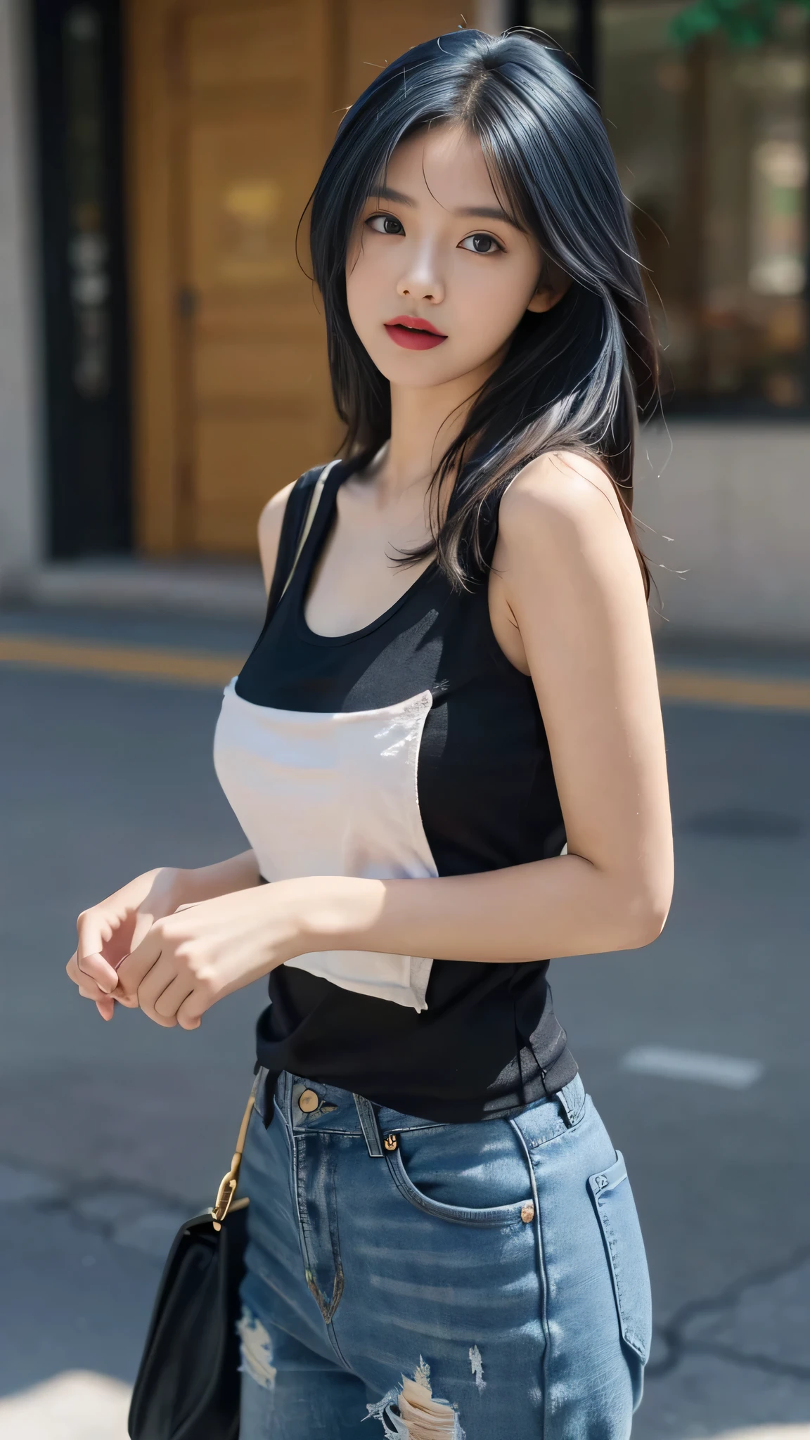 masterpiece, top-quality, 1 beautiful girl, a white cap, (Detailed beautiful eyes), ((Detailed skin)) , ((Detailed medium dark blue hair)), A beautiful girl colorful tank top t-shirt and white ripped jeans, colorfull, RAW photos, Camera angle behind, CG rendering, Blurred background, deep shadow, 16K, bokered, Very detailed, wallpaper, depth of field, movie light,, Ray tracing.