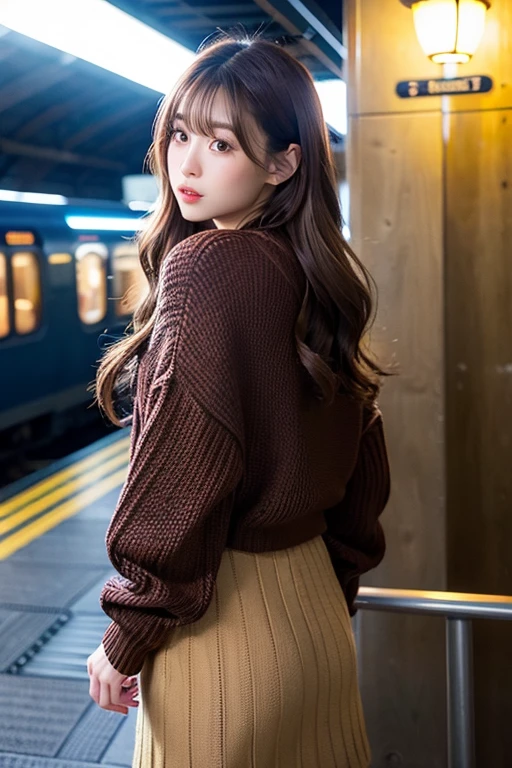 ((highest quality)), ((masterpiece)), (detailed), Perfect Face、medium Hair、brown wavy  hair、Cable-knit Sweater black,A-line Skirt、Moonlight、Indirect Lighting、From Side、、Harry Potter-style train station、Cute and lovely Japanese women
