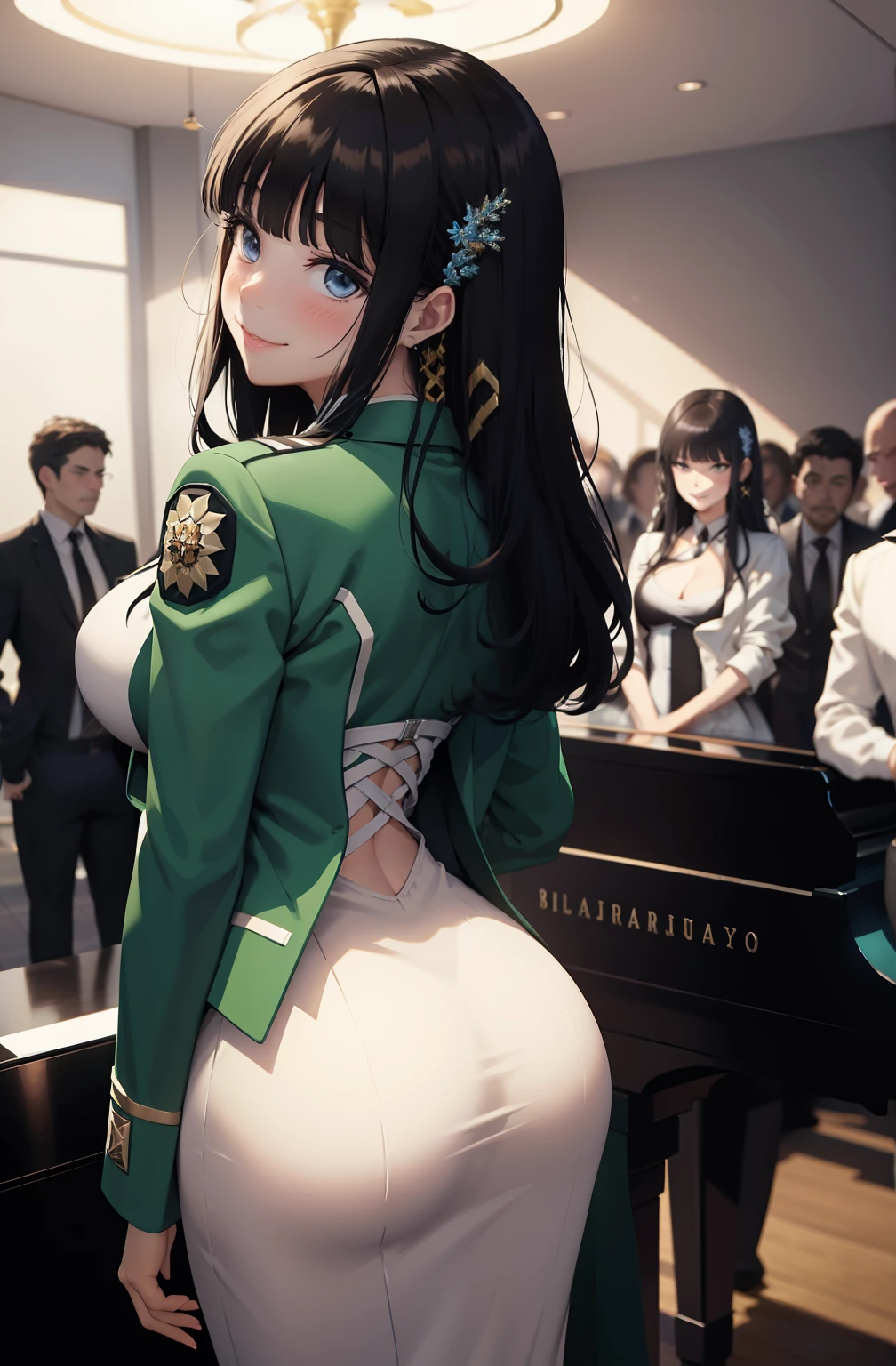 (Masterpiece, Best Quality, High Quality), volumetric lighting, illustration, beautiful, tight , Blushing, looking back,solo, posing for picture, seductive, perfect lighting, perfect shadows, ShibaMiyuki, hair ornament, , black necktie, white dress, green jacket, long sleeves, open jacket, high heels, smile 