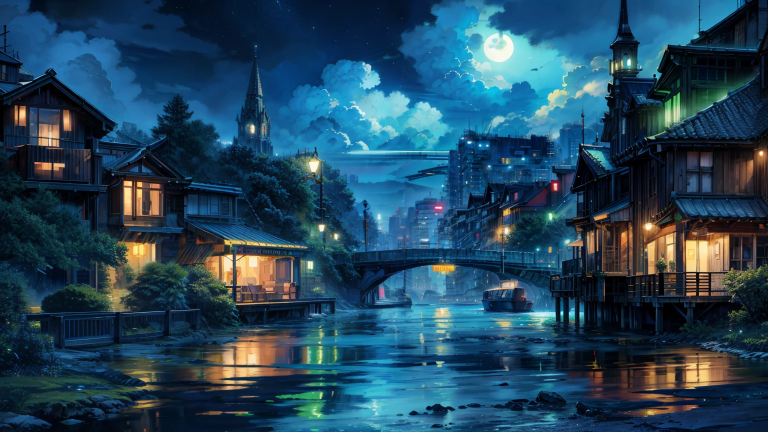 Neon green color themed painting,moonlight, city ,Rainy night, Water reflection  , 4K HD, moonlight, cloud,Ocean, moonlight reflection,Beautiful Art UHD 4K, Beautiful artwork illustration, Beautiful digital painting, Highly detailed digital painting, Beautiful digital art, Detailed painting 4k, Highly detailed digital painting, Rich, picturesque colors, Gorgeous digital painting