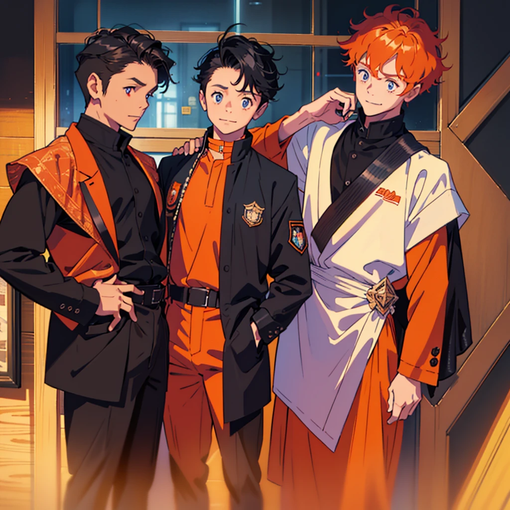 Only two little boys bugging ,both 9years old,first boy has short curly orange hair and blue eyes and cute expression face withe cute smile and wears acute outfit……the other boy has black shaggy hair and red eyes and sharp expression face and wears a black jacket,8k,pixive,masterpiece
