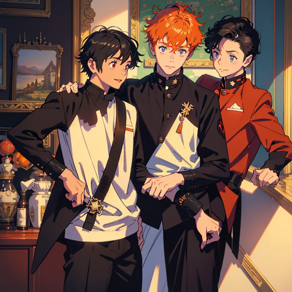 Only two little boys bugging ,both 9years old,first boy has short curly orange hair and blue eyes and cute expression face withe cute smile and wears acute outfit……the other boy has black shaggy hair and red eyes and sharp expression face and wears a black jacket,8k,pixive,masterpiece