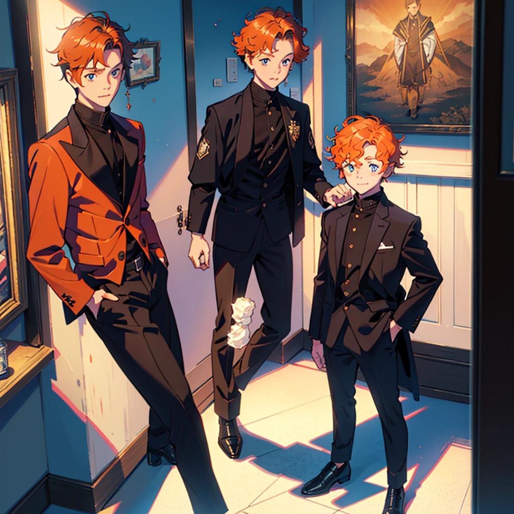 Only two little boys bugging ,both 9years old,first boy has short curly orange hair and blue eyes and cute expression face withe cute smile and wears acute outfit……the other boy has black shaggy hair and red eyes and sharp expression face and wears a black jacket,8k,pixive,masterpiece