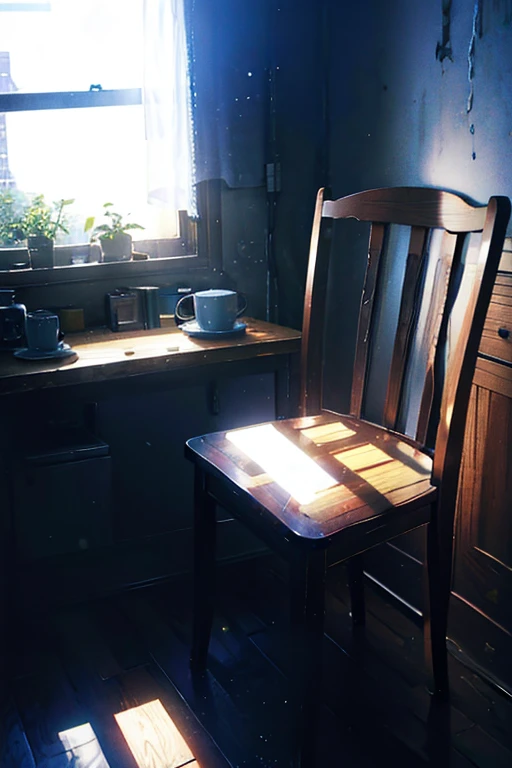 1 room、Light shines through the window、Chair in the center、Overall dark room、(8k、highest quality、high resolution)