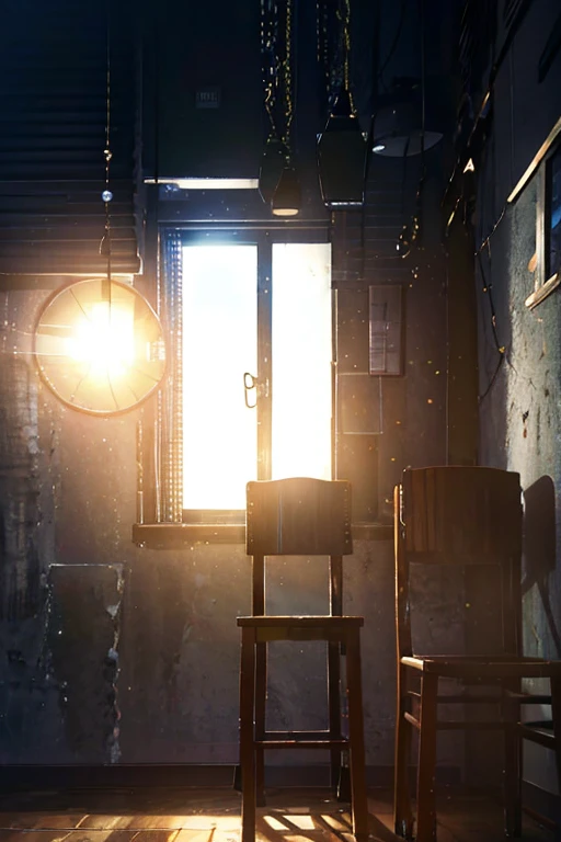 1 room、Light shines through the window、Chair in the center、Overall dark room、(8k、highest quality、high resolution)