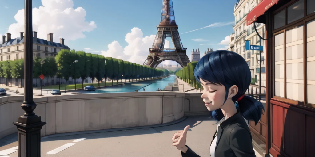 marinette dupain-cheng, white shirt, black jacket, pink pants, 1girl, solo, blue eyes, blue hair, paris, eiffel tower, blue sky, smiley face, closed eyes, walking, 