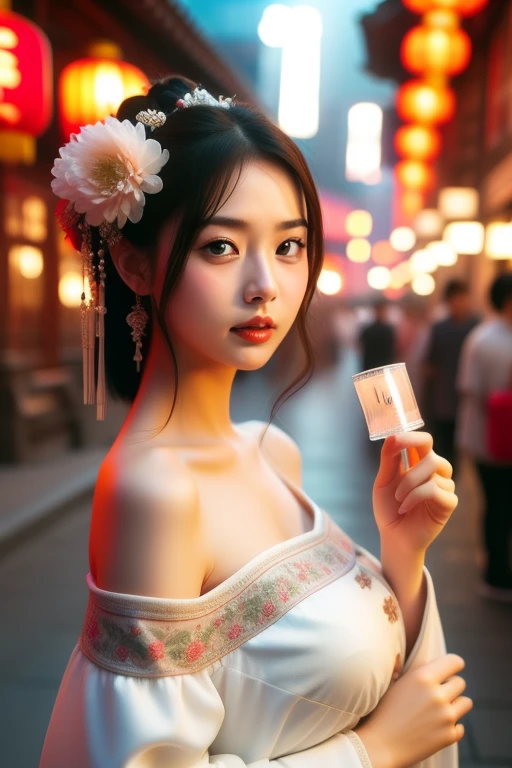 hand_, 1 girl, lamp, hair accessories, flower, hair flower, paper lamp, black hair, red lips, look at viewer, Chinese clothes, Holding, set, Blurry, alone focus, long hair, black eyes, เหhandนจริง, bare shoulders, white set, lips, nighttime, lipstick, outdoor, upper body, Blurry background, alone, put on makeup, hair bun(ใส่setครึ่งตัว หัวนม เปลือยกาย อกตั้ง,Bare-chested ((big breasts))
