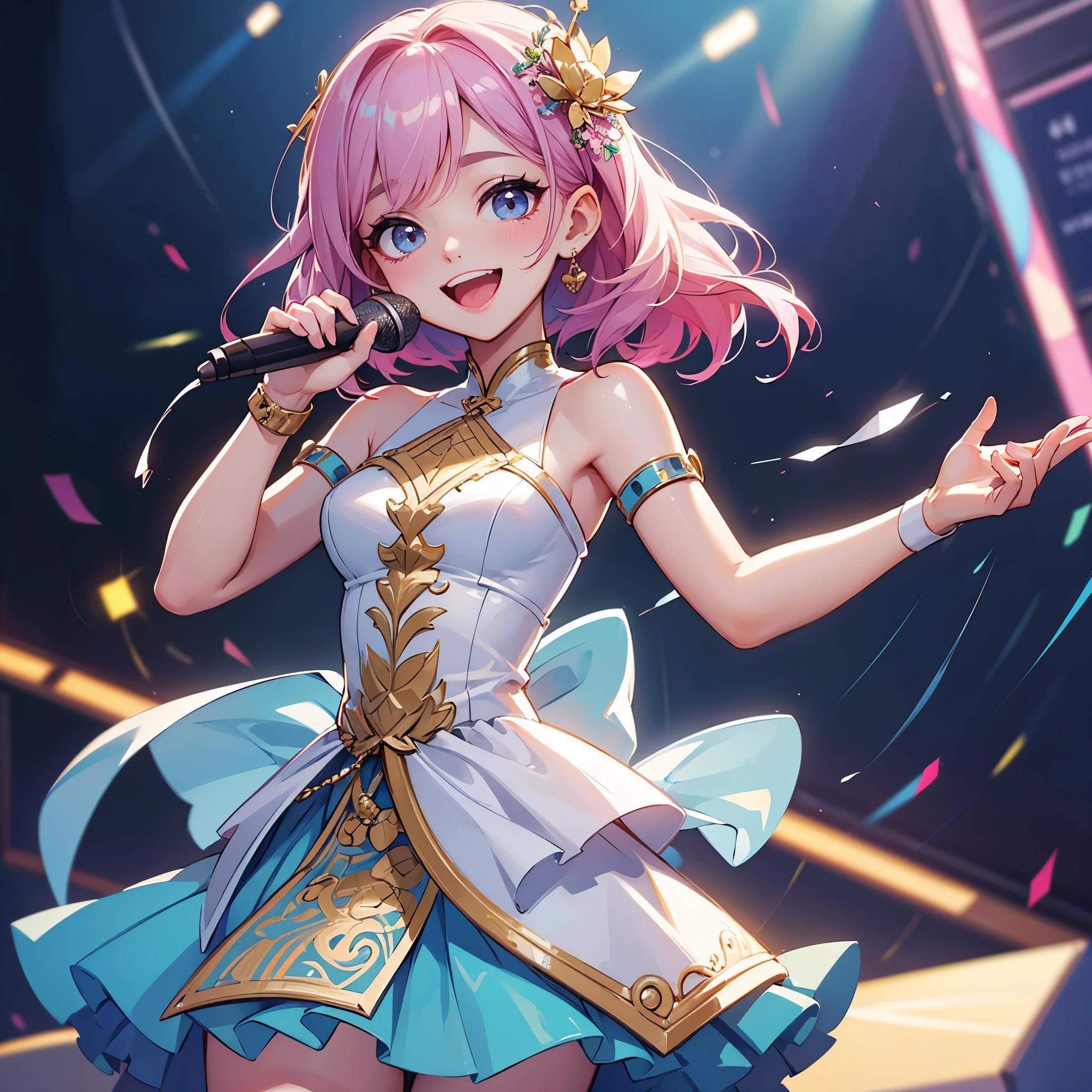 ( High quality , ultra detailed, careful with hand ), a singer, girl, delighted eyes, gorgeous, micro, studio, singing, smile happily, stage, K-pop idol, zoom in, half body