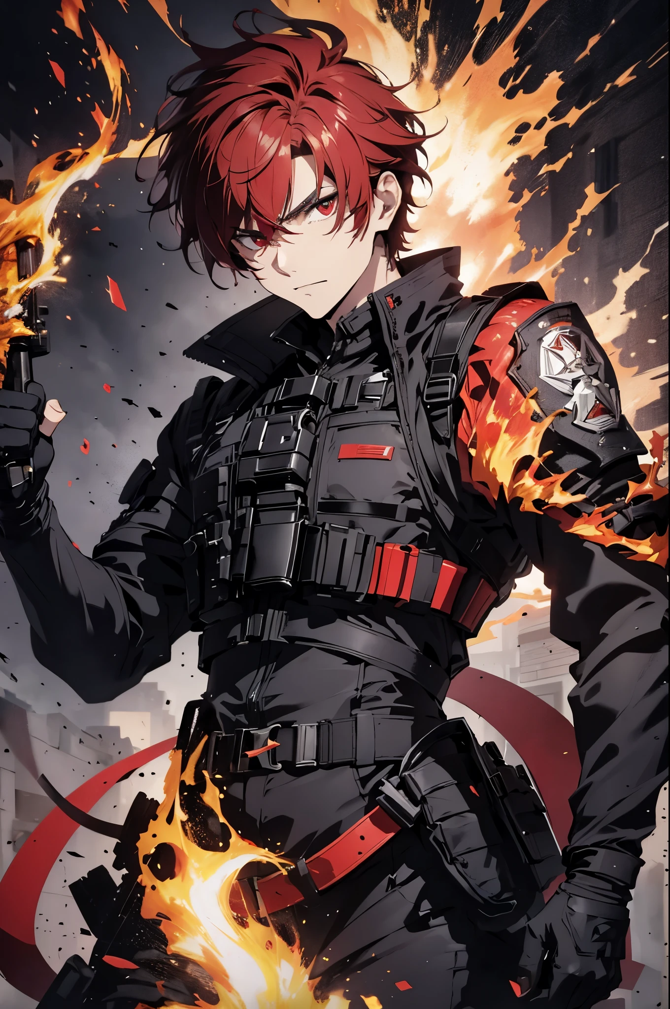 (absurdres, highres, ultra detailed), masterpiece, best quality, a man in a black outfit, red hair, battojutsu stance, sword surrounded by flame, solo, handsome, finely eye, detailed face, short hair, vibrant red eye, ruined city, dark background, from below, look down, cowboy shot, swirl, vortex, spark