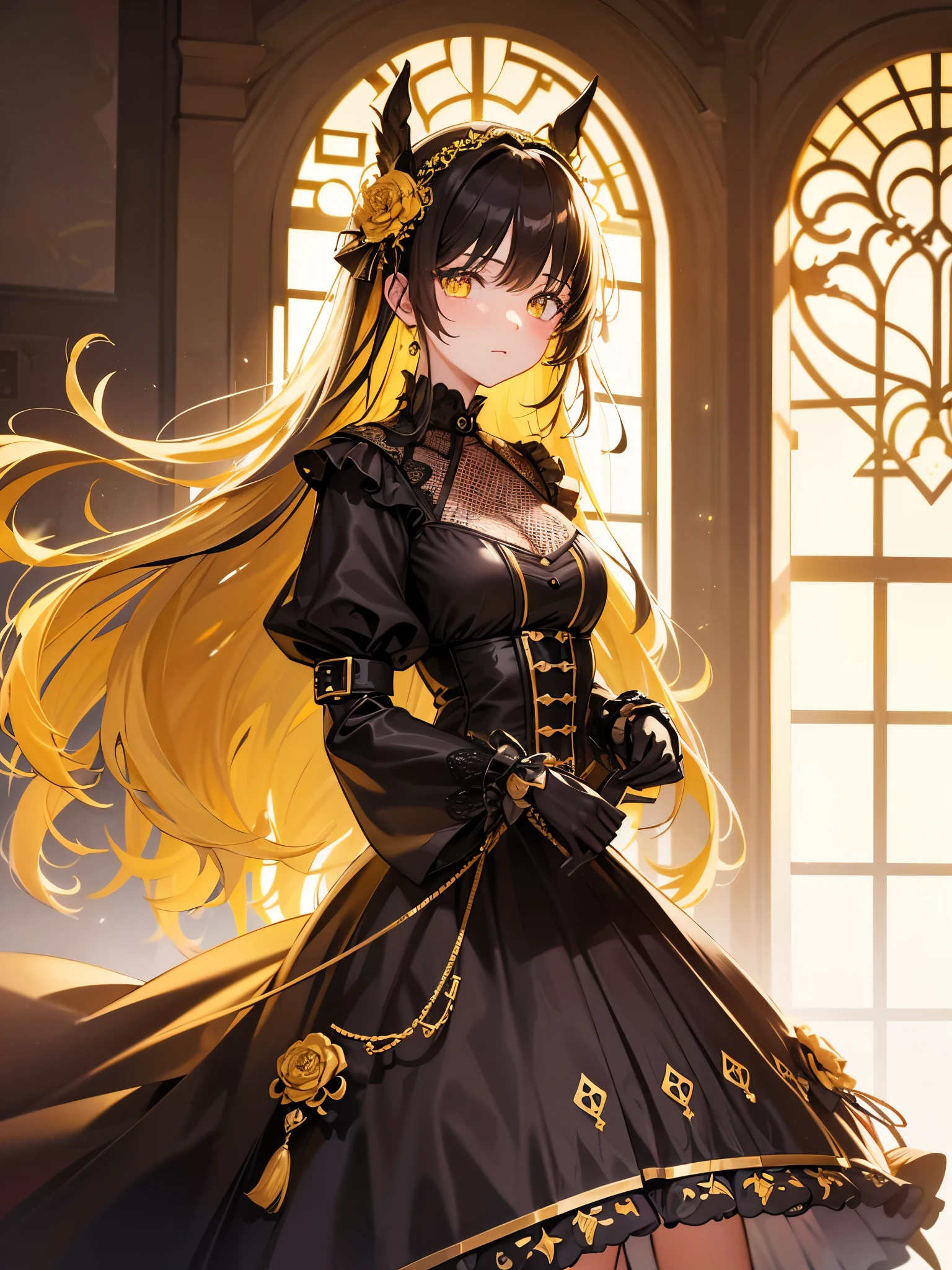 Mich, Gelb_Pupils, +_+, Schwarz_Haar, hoch_Pferdeschwanz, Rot_Blume_Haar_Ornament, Meisterwerk, Best quality, Ultra-detailliert, Illustration, Allein, 1 girl
