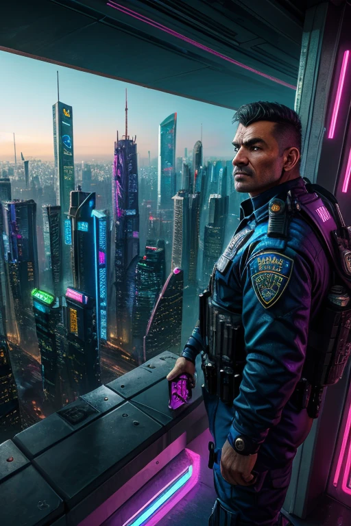 ((top-quality)), (​masterpiece), Cyberpunk City, Depiction of a police men looking up on the cityscape below from a skyscraper, Cyberpunk Fashion, 40 years old.