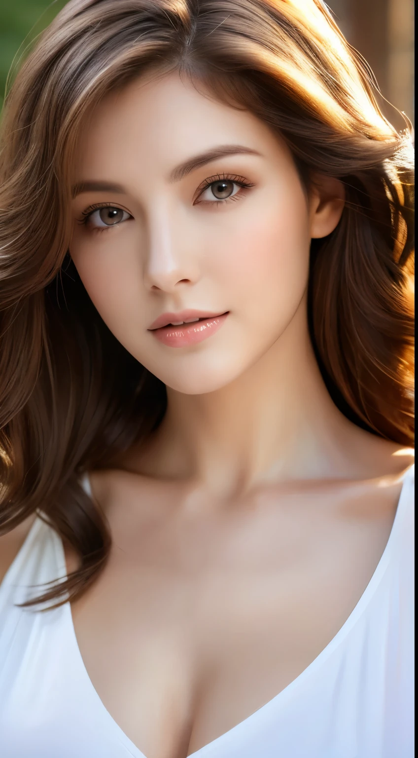 （best quality，High resolution，master piece：1.3），tall and beautiful woman，frontage，loose wavy dark brown hair，big breasts，V-neck white shirt，dark alley，Beautifully rendered facial and skin texture details，charming eyes，charming eyes，double eyelid