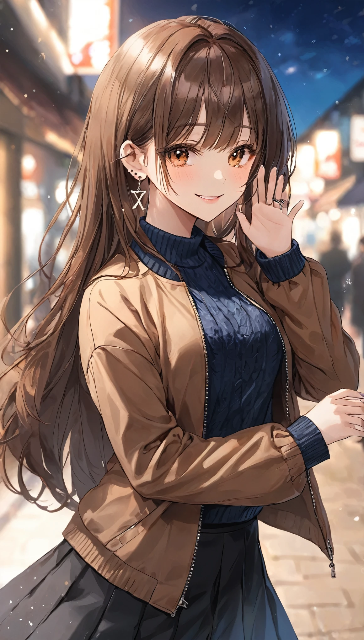 One girl, Ahoge, bangs, black skirt, black sweater, Blue Claws, Blurred, Blurred background, chest, Brown eyes, Brown Hair, brown Jacket, Mouth closed, Day付付き, Day, Depth of written boundary, Earrings, eyelash, Raise your hand, Tilt your head, Jacket, jewelry, Long Hair, Long sleeve, View Viewer, medium chest, Manicure, Open clothes, open Jacket, Outdoor, Pursed lips, Tucked in shirt, Side Lock, skirt, Sleeves are longer than the wrist, alone, sweater, Upper Body, zipper, smile, ((masterpiece)), 