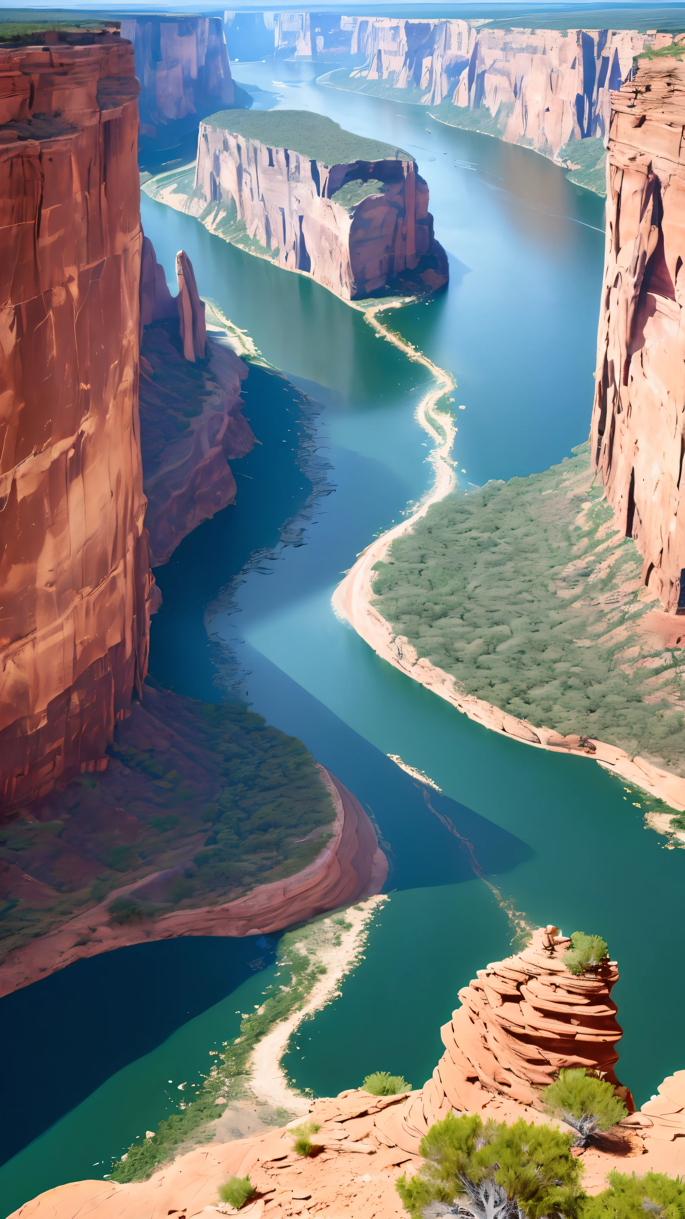 ultra-high resolution, photorealistic (1.4), 1 scene, Colorado River flowing downwards, cliff face in the foreground, elongated perspective, inspired by Ansel Adams, with a panoramic format, capturing expansive canyons and riverbends, (bright sunlight:1.2), (deep blue sky:1.3), (rich vibrant colors:1.5), (detailed rock formations:1.4), (sharp river edges:1.3), (reflections on the water:1.2), (surreal beauty:1.5), Masterpiece, Best Quality, 8K, Landscape, Colorado River, Panoramic