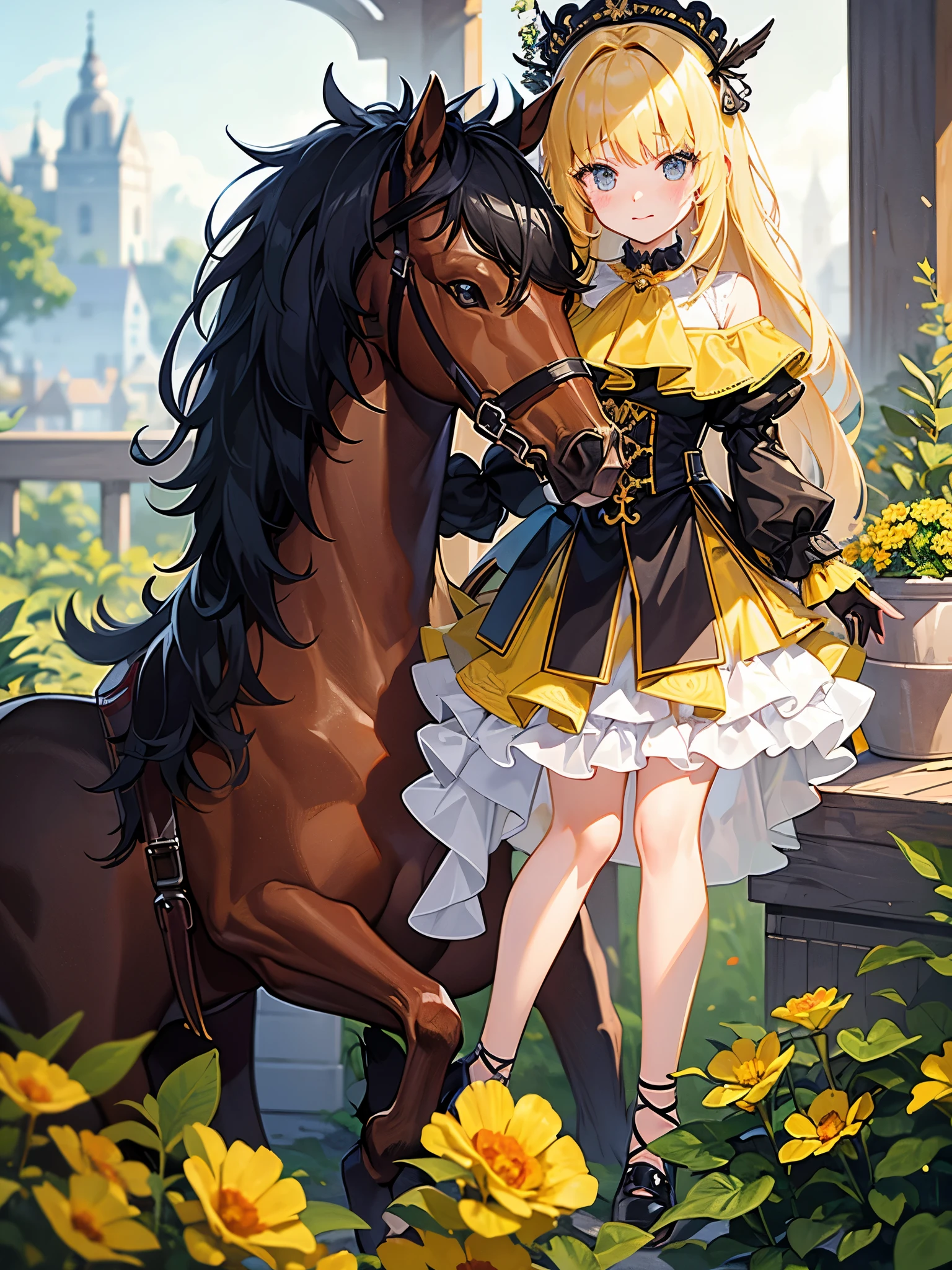 Mich, Gelb_Pupils, +_+, Schwarz_Haar, hoch_Pferdeschwanz, Rot_Blume_Haar_Ornament, Meisterwerk, Best quality, Ultra-detailliert, Illustration, Allein, 1 girl