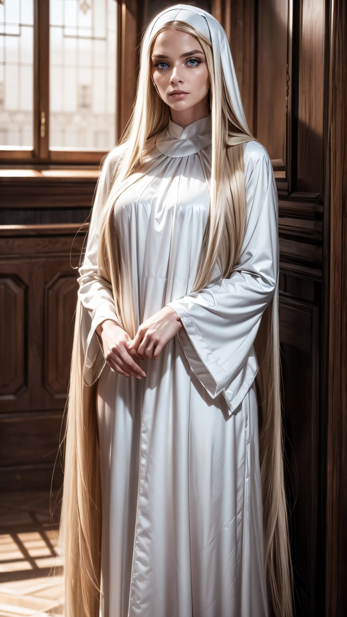 full body Pure blond straight hair, (long hair) (((straight hair))), Detailed hair, Blue Eyes, beautiful eyes, light on the face, pale skin, a 50 year old mysterious, dark, woman, nun, 