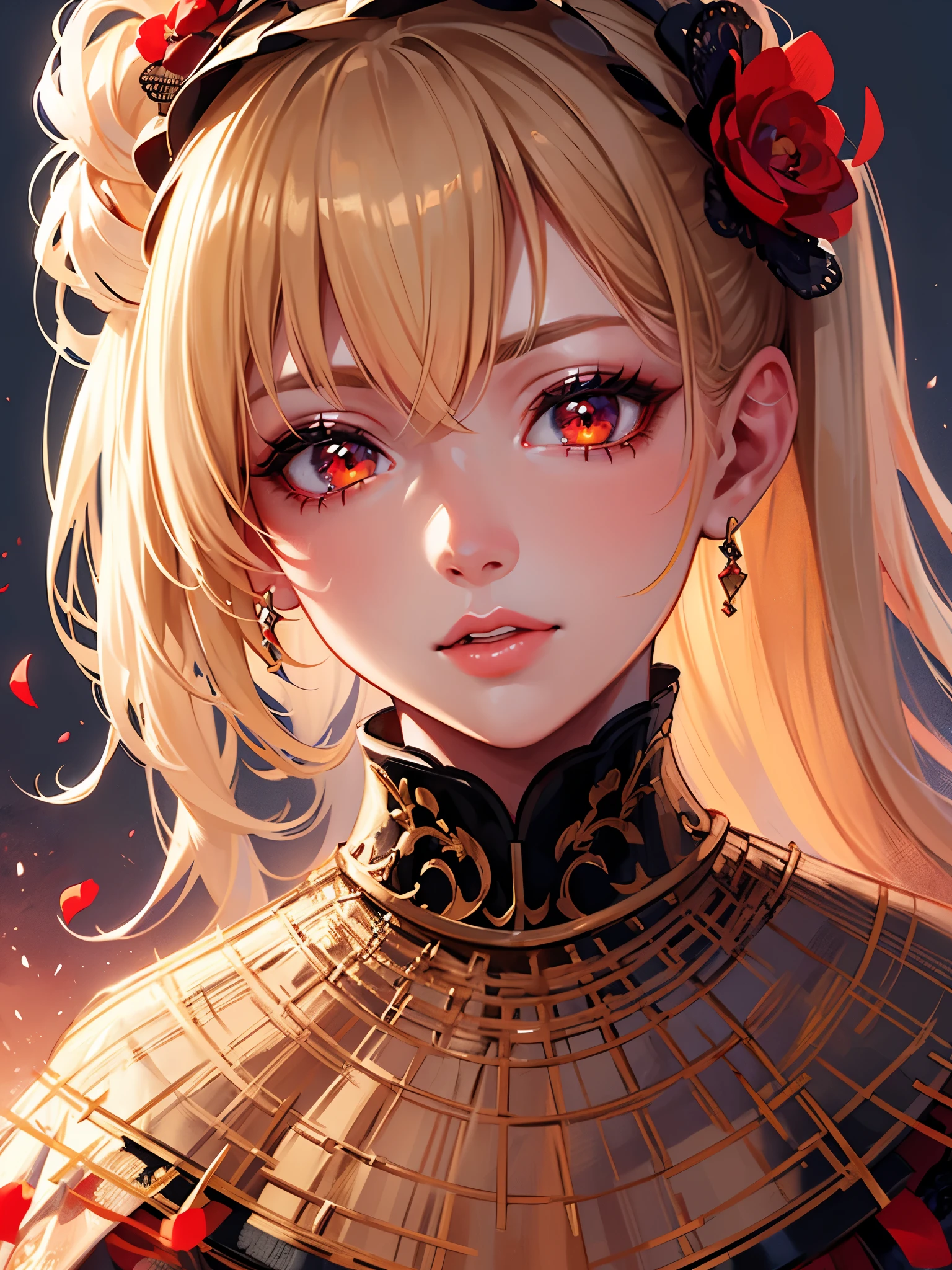 beautiful detailed girl, blonde hair in high ponytail, black hair ornament with red flower, exquisite masterpiece, best quality, ultra-detailed, digital illustration, solo, 1 girl, intricate facial features, delicate expression, dynamic pose, serene atmosphere, soft lighting, vibrant colors, photorealistic rendering