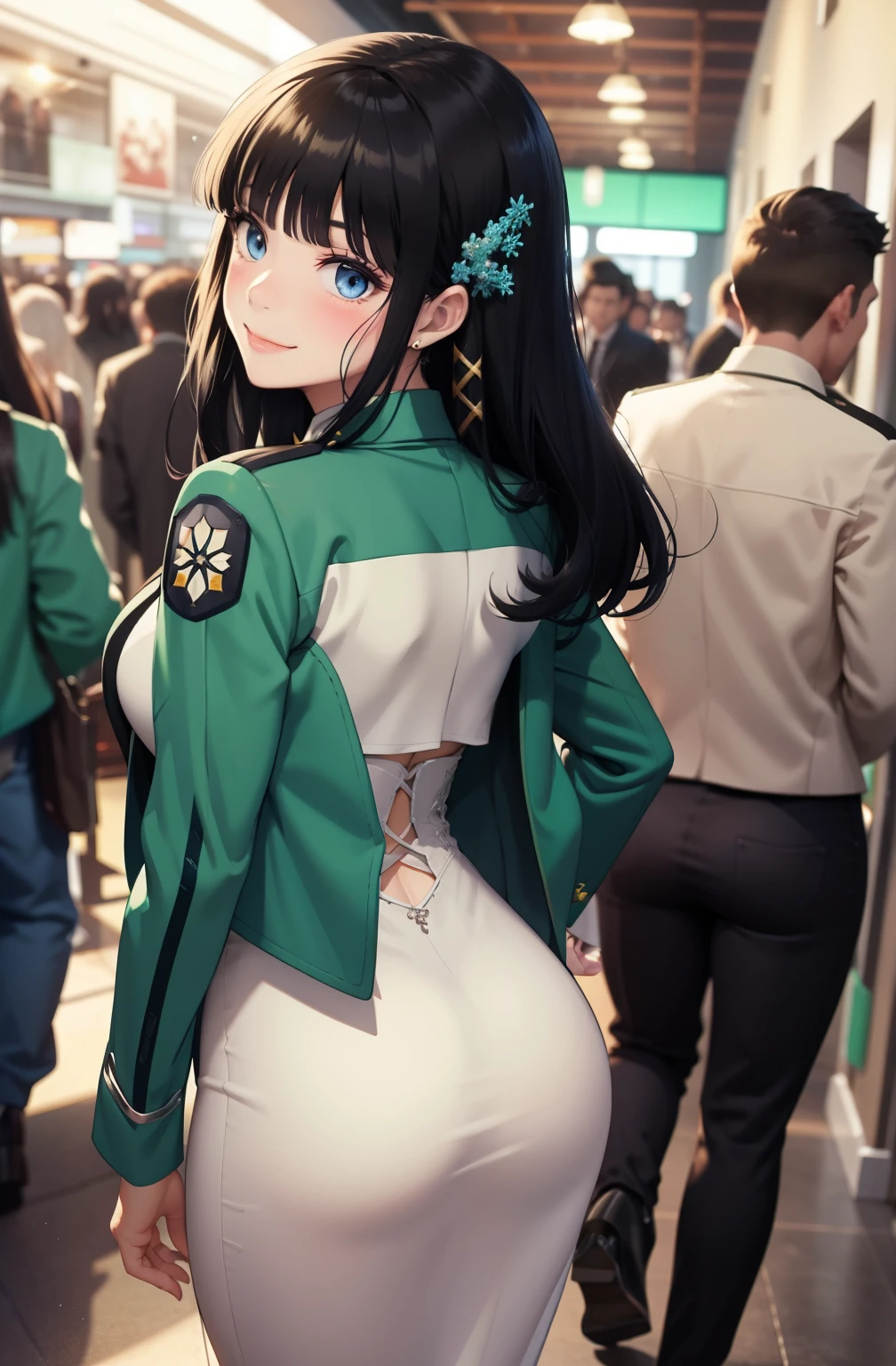 (Masterpiece, Best Quality, High Quality), volumetric lighting, illustration, beautiful, tight , Blushing, looking back,solo, posing for picture, seductive, perfect lighting, perfect shadows, ShibaMiyuki, hair ornament, , black necktie, white dress, green jacket, long sleeves, open jacket, high heels, smile 