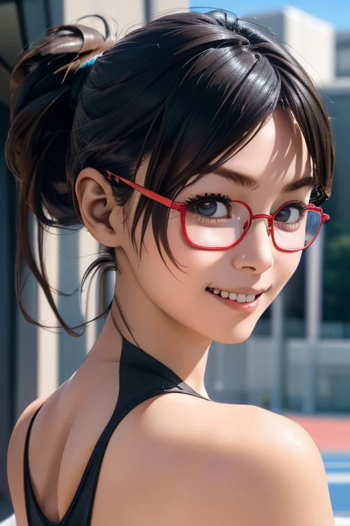 Sports competitionsの日、Sports competitions、gallery、Students cheering、女子100 m競走、((highest quality:1.4、8k、32k、Hmph:1.3))、(An unparalleled masterpiece)、((RAW Photos、realism:1.6))、Japanese Girls、Outdoor,playground,Schoolyard,Schoolyard,(physical education:1.3),(Per class:1.3)Girl smiling at the camera、Dynamic pose、(Sports competitionsの日、100 m走、running)、Dynamic Angle、School gym clothes、Bloomers、(Huge breasts:0.5、thin abdomen、The lower body is thin)、Ulzzang-6500-v1.1、Teenage Girls、Highly detailed face、Fine grain、Round face、Baby Face、Detailed Iris、double eyelid、(((Glasses、Long black hair、High up ponytail)))、Photon Mapping、Detailed skin texture、100 m,From head to toe:20.0,
