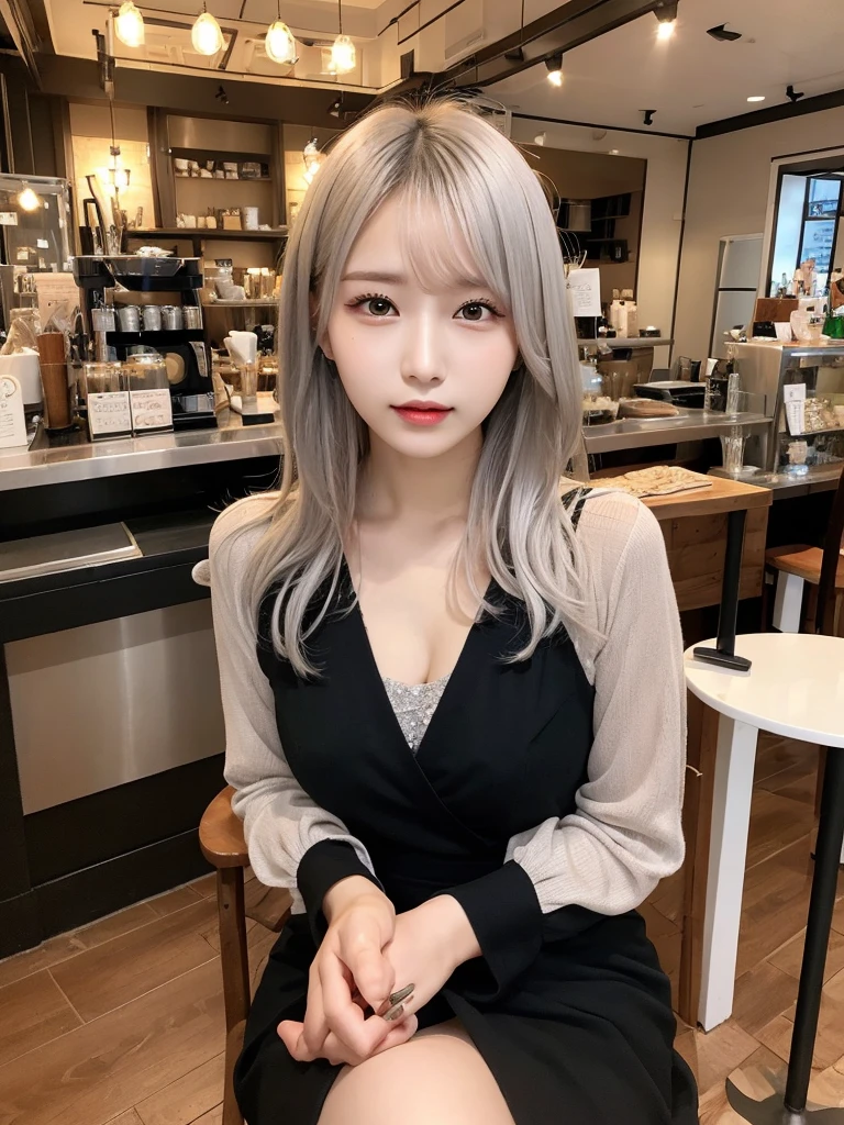 Beautiful and beautiful eyes,  Natural Lip,dress,Japanese,1 person,Silver Hair,Silver Hair,Long Hair,Concept Cafe,Calm interior