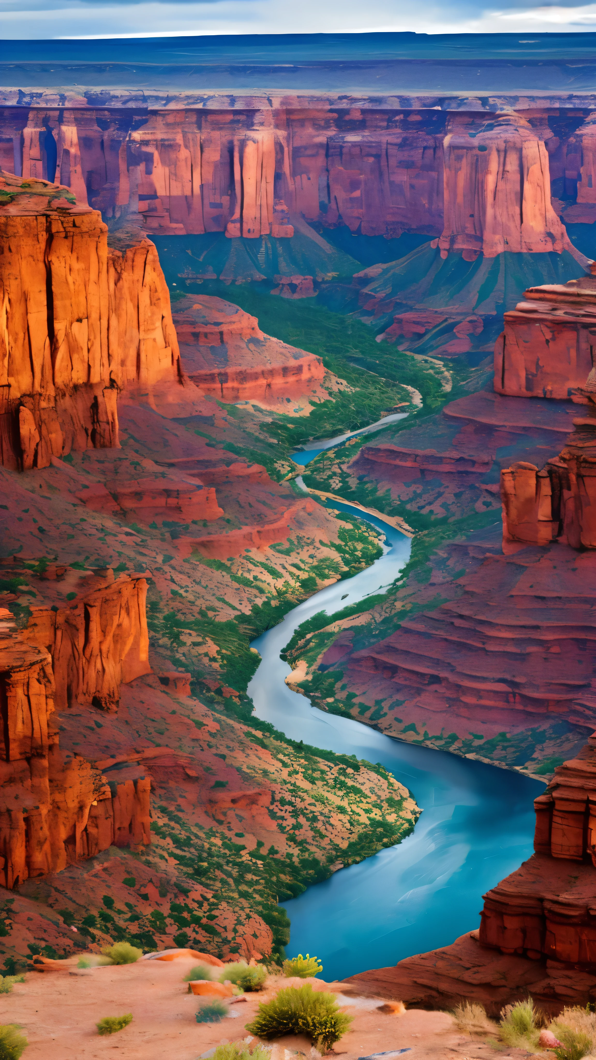 Ultra-high resolution、Photorealistic(1.4)、1 scene、The Colorado River flows downwards、Cliff face in the foreground、Elongated perspective inspired by Ansel Adams、In Panorama format、Capture the vast canyon and the bends of the river、(Bright sunlight:1.2)、(Deep blue sky:1.3)、(Rich and vibrant colors:1.5)、(Detailed rock formations:1.4)、(Sharp river edge:1.3)、(Water reflection:1.2)、(Surreal beauty:1.5)、 masterpiece, highest quality, 8K, landscape, colorado river, Panorama