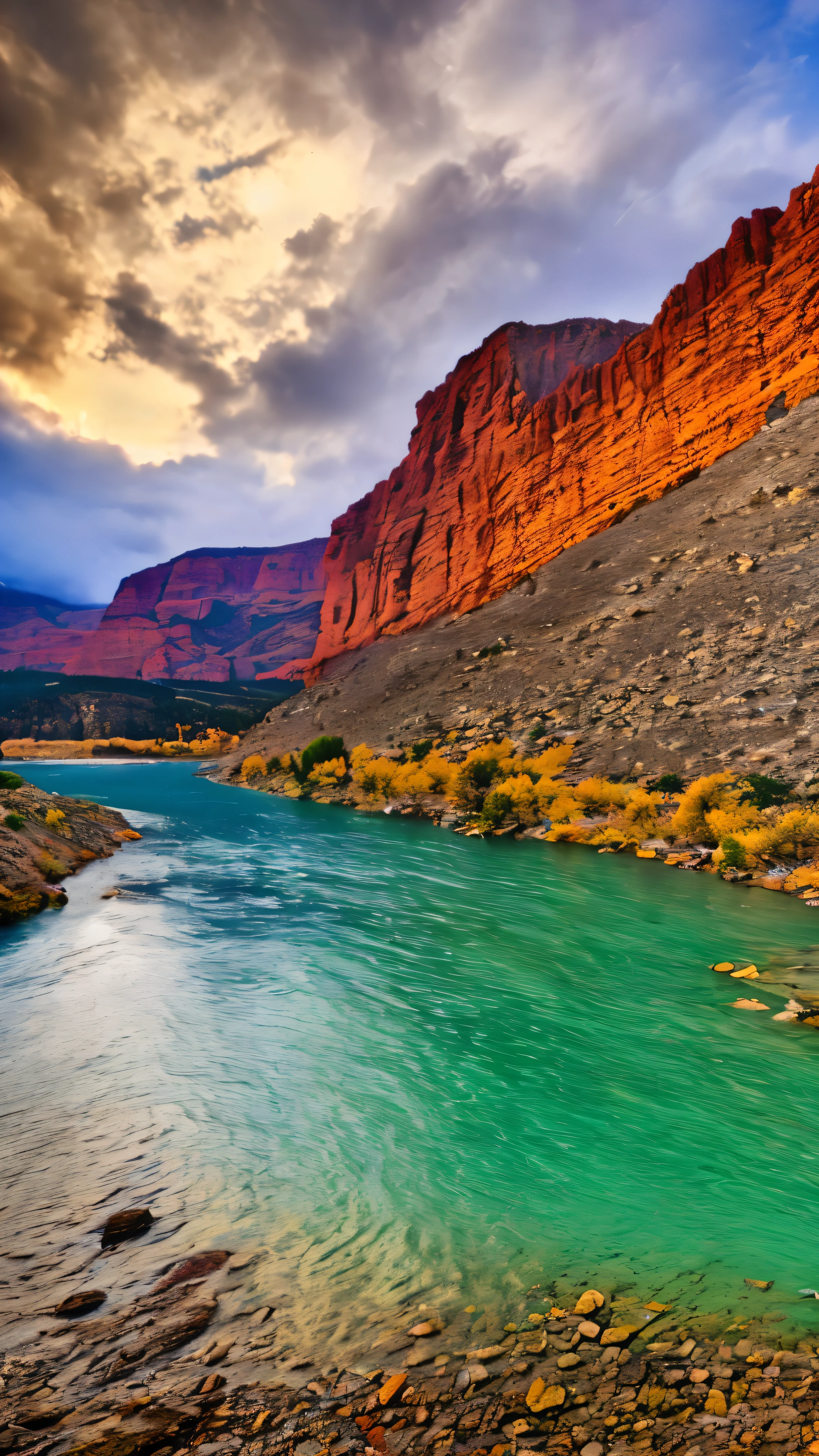 Ultra-high resolution、Photorealistic(1.4)、1 scene、The Colorado River flows downwards、Cliff face in the foreground、Elongated perspective inspired by Ansel Adams、In Panorama format、Capture the vast canyon and the bends of the river、(Bright sunlight:1.2)、(Deep blue sky:1.3)、(Rich and vibrant colors:1.5)、(Detailed rock formations:1.4)、(Sharp river edge:1.3)、(Water reflection:1.2)、(Surreal beauty:1.5)、 masterpiece, highest quality, 8K, landscape, colorado river, Panorama