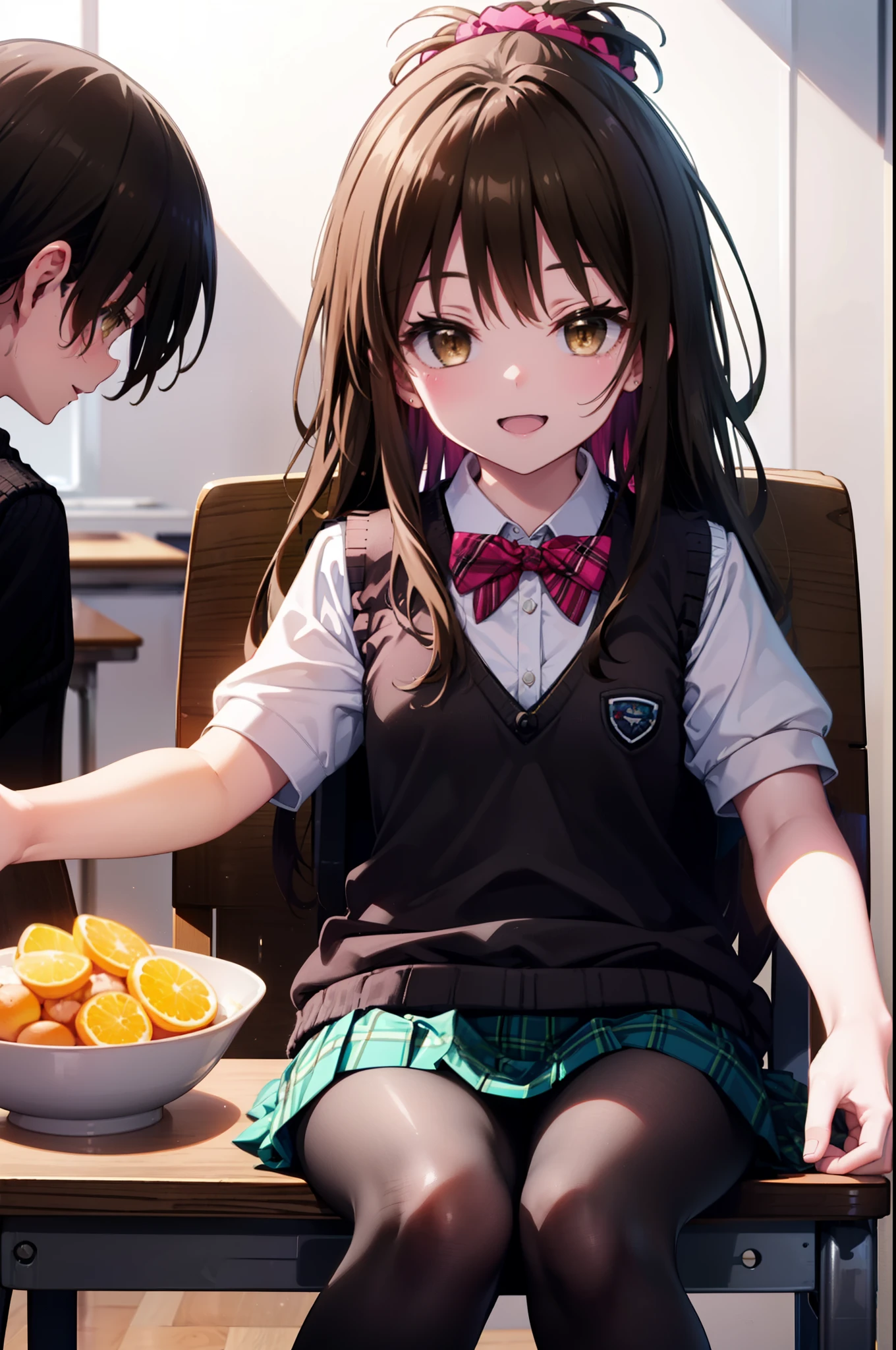 Follow Us, Yuki mandarin orange, (Brown eyes:1.5), Brown Hair, hair ornaments, hair Scrunchie, Long Hair, pink Scrunchie, Scrunchie, (Flat Chest:1.2),happy smile, smile, Open your mouth,
break green skirt,Short sleeve, Plaid, Plaid skirt, Sainan High , , skirt, shirt, white shirt, Sweater vest, (black Sweater vest:1.5),Brown loafers,Black pantyhose,sitting cross-legged on a chair,whole bodyがイラストに入るように
break indoors, classroom,
break looking at viewer, whole body,
break (masterpiece:1.2), highest quality, High resolution, unity 8k wallpaper, (figure:0.8), (Beautiful fine details:1.6), Highly detailed face, Perfect lighting, Highly detailed CG, (Perfect hands, Perfect Anatomy),