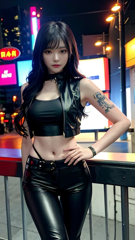 (highest quality)，masterpiece，Super detailed，8K, UHD，Beautiful woman，japanese woman，No expression，whole body，((tattoo))，slim，black leather pants，black leather vest，(female mafia)，gangster，(cyberpunk city)，night，cinematic lightening，underworld