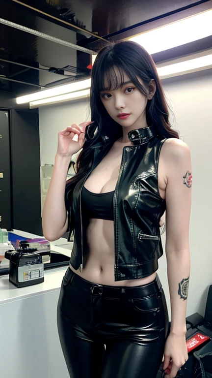 (highest quality)，masterpiece，Super detailed，8K, UHD，Beautiful woman，japanese woman，No expression，whole body，((tattoo))，slim，black leather pants，black leather vest，(female mafia)，gangster，(cyberpunk city)，night，cinematic lightening，underworld