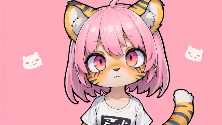 (obra maestra, Alta calidad, mejor calidad, 8K, high resolution), ((estilo chibii, Chibi lindo)), (solo, 1 girl), {Tiger Girl, cara de tigre, 2 colmillos, long eyelashes, delineador de ojos} {bigotes de tigre}, (((Piel de tigre por todo el cuerpo., Rayas de tigre en el cuerpo.))), (pelo naranja), cabello corto, Pinza para el cabello, [[Pinza para el cabello white flower on hair]], ((Muy feliz)), ((boca abierta)), ojos naranjas, [pupilas negras], ((buscando)), (very small breasts), brazos delgados, (un brazo arriba, un brazo hacia abajo), axilas, ((mini camiseta rosa, camiseta rosa completa)), {shorts blancos}, {{{mini cola de tigre, Cola en la espalda}}}, (cuerpo completo), (((de pie, jump angle))), dynamic pose, Fondo blanco, fondo sencillo, ((((Estilo Tora-chan no Hanayome)))), (old anime style 40s), estilo animado, anime color.