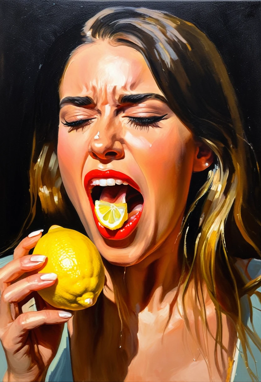 beautiful girl with her mouth wide open eats a slice of lemon, the acid of the lemon brings tears to your eyes, ((tears from eyes!!!)) face of disgust (in the Coby-Whitmore style), noir impressionism , ((Palette / oil painting)), ((masterpiece)), impression ,Extreme detail, perspective, 8K