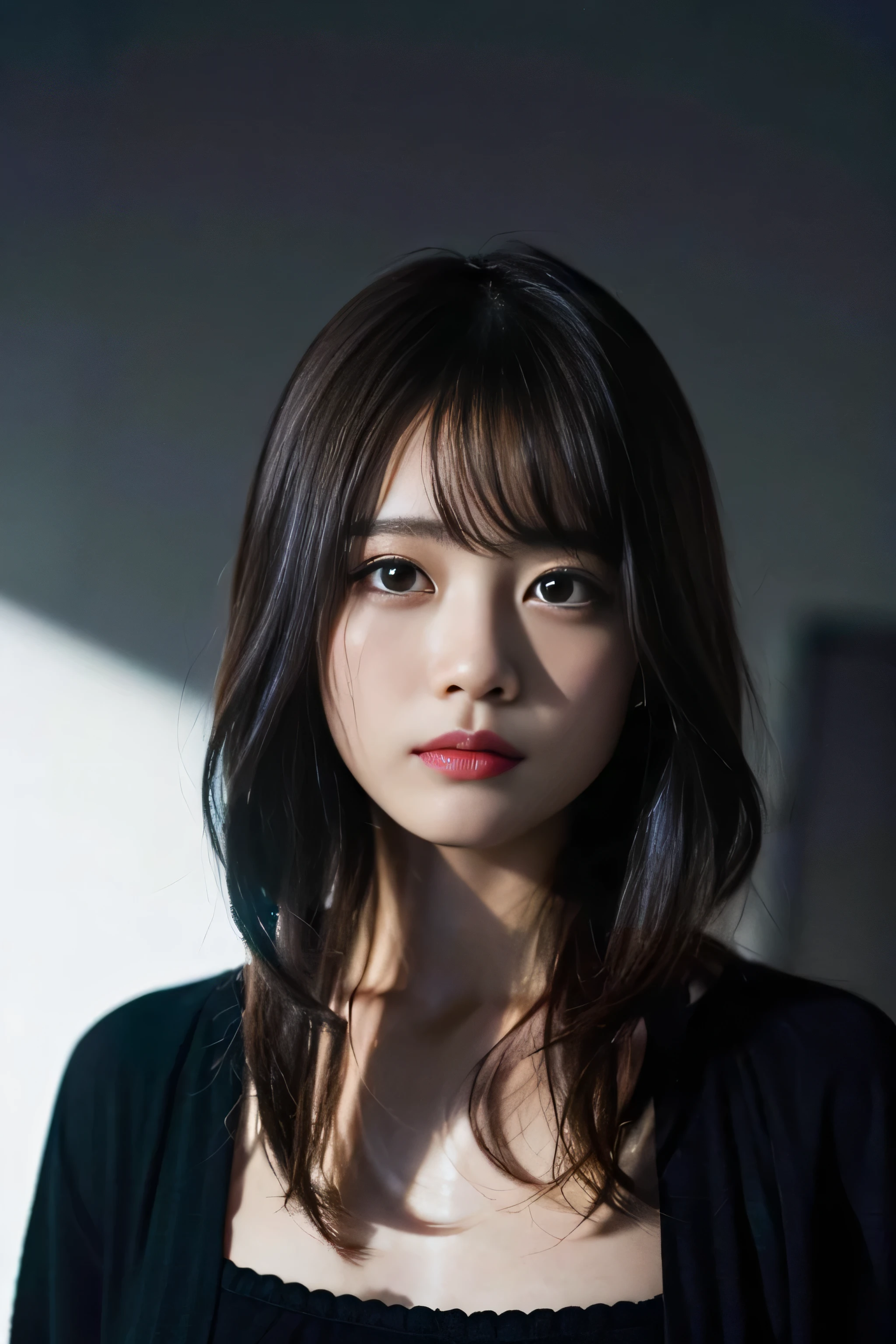 (8k、RAW Photos、Top class star piece:1.2)、(Genuine、Photo genuine:1.37)、Ultra high definition、Ultra-high resolution、girl、1 person、Gazing Eyes、Beautiful face even in the contours、thin、(thin black waist):1.3)、Fine and beautiful skin、Skin Texture、Fluttering Hair、Professional Lighting、human body、Black magician's clothes、Large Breasts、plain dark background、Expressionless、Are crying、Scary atmosphere、religion、Red eyes、Red color contact lenses、Creepy