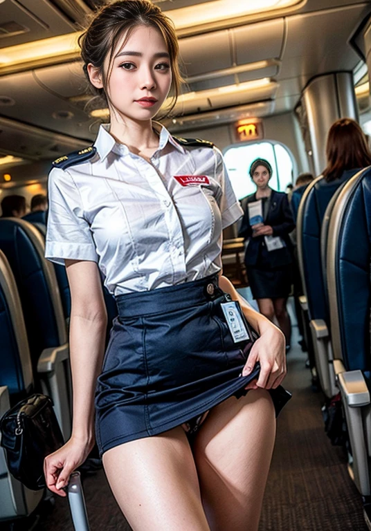 (8k, highest quality, masterpiece: 1.2), (Realistic, Realistic: 1.2),　Beautiful Japanese 20 year old woman, Tight waist, Thin thighs, detailed: (非常にdetailedな: 1.3), ((Navy blue stewardess)), Updo short hair, ((Wearing a mini skirt)), Slim and perfect style. (High resolution: 1.1), Airplane Passenger Passenger Passenger, (((Slim thighs))), Perfect beauty, (((Slim legs))), 