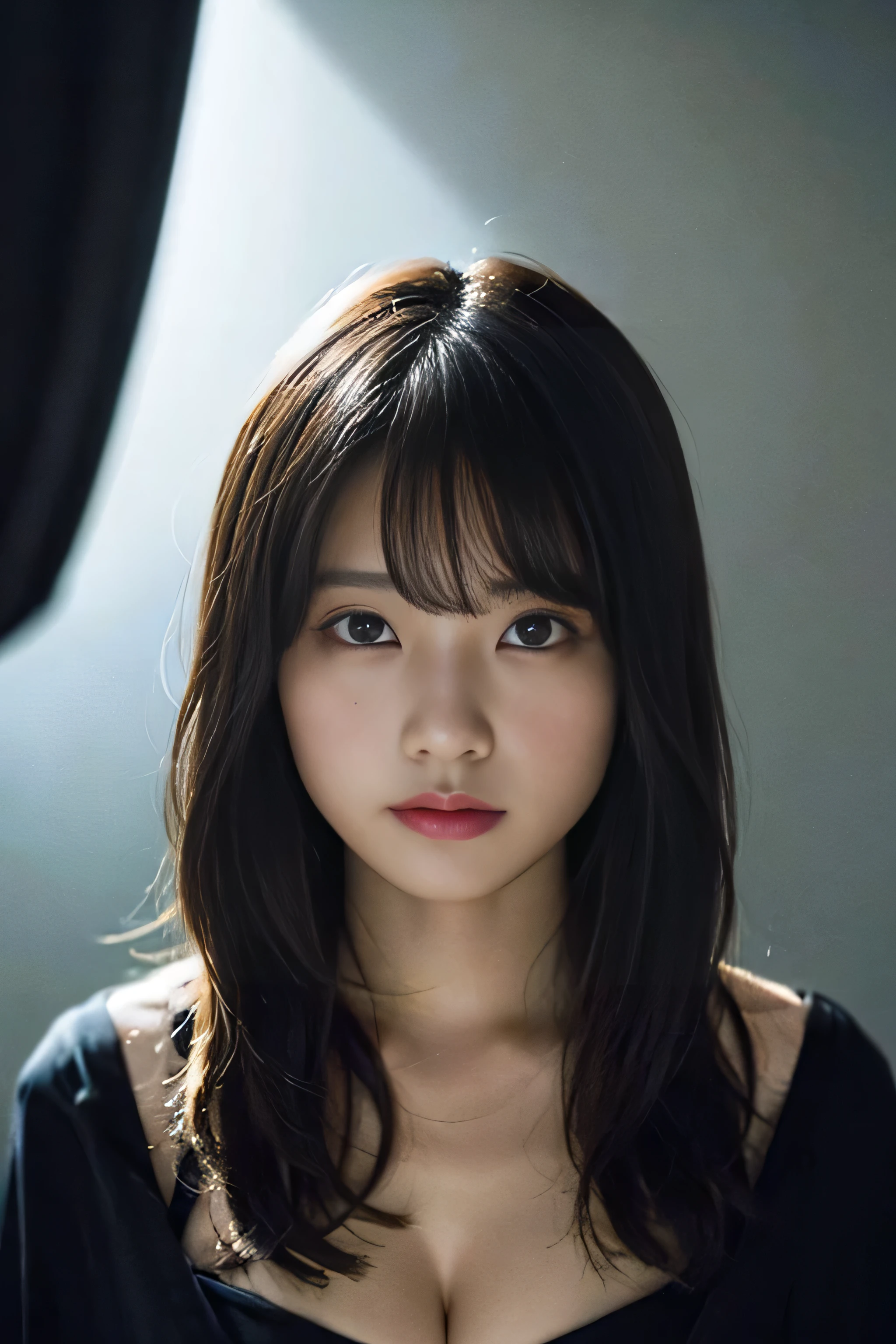 (8k、RAW Photos、Top class star piece：1.2)、(Genuine、Photo genuine：1.37)、Ultra high definition、Ultra-high resolution、girl、1 person、Gazing Eyes、Beautiful face even in the contours、thin、(thin black waist):1.3)、Fine and beautiful skin、Skin Texture、Fluttering Hair、Professional Lighting、human body、Black magician's clothes、Large Breasts、plain dark background、Expressionless、Are crying、Scary atmosphere、religion、Red eyes、Red color contact lenses、Creepy