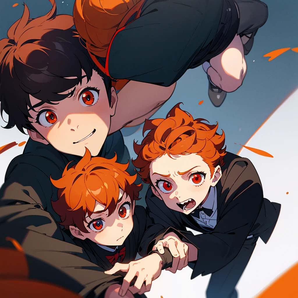 Only two s kids bugging ,both 9years old,first boy has short curly orange hair and blue eyes and cute expression face withe cute smile and wears acute outfit……the other boy has black shaggy hair and red eyes and sharp expression face and wears a black jacket,8k,pixive,masterpiece,kids