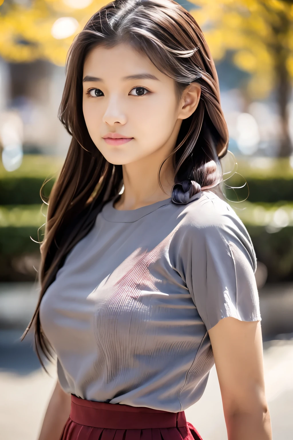 1girl , Wearing (Grey knitted shirt、Red bean-colored long skirt、), (Lighting-Gold:1.3), (masterpiece) (Photorealistic:1.7) (Best Quality),braided ponytail, hairclip, bokeh, Canon, UHD, masterpiece, anatomically correct, textured skin, high details, high quality, 8k