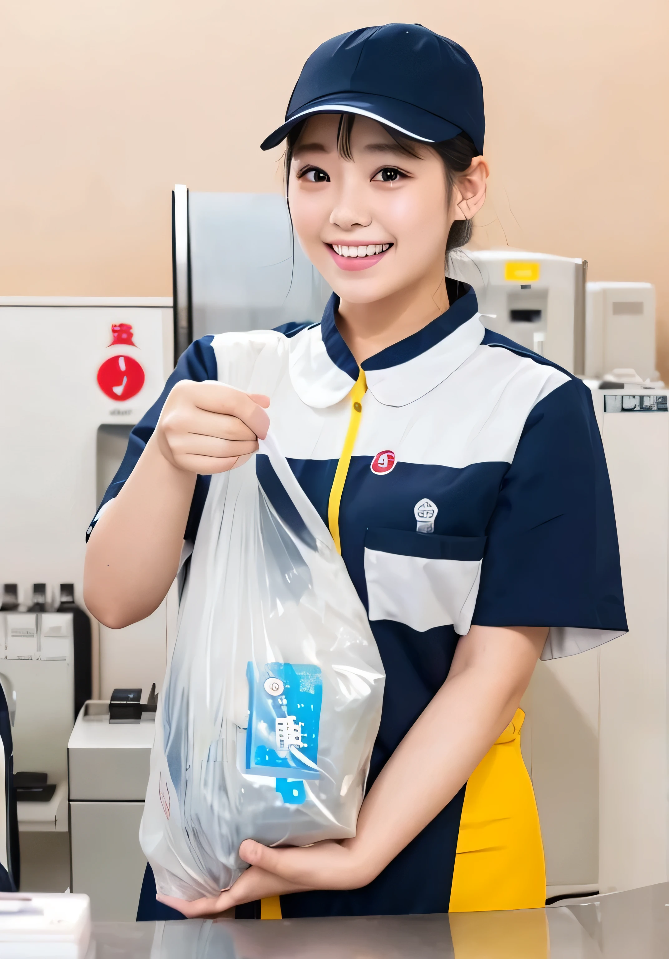 The best beauty、Childish feeling、Plump、Plump、Japanese、young、Well-formed face、smile、White teeth are visible、Plain plastic bag in hand、Convenience store uniforms、There's a pile of Coca-Cola behind him.、Wearing a plain navy blue hat