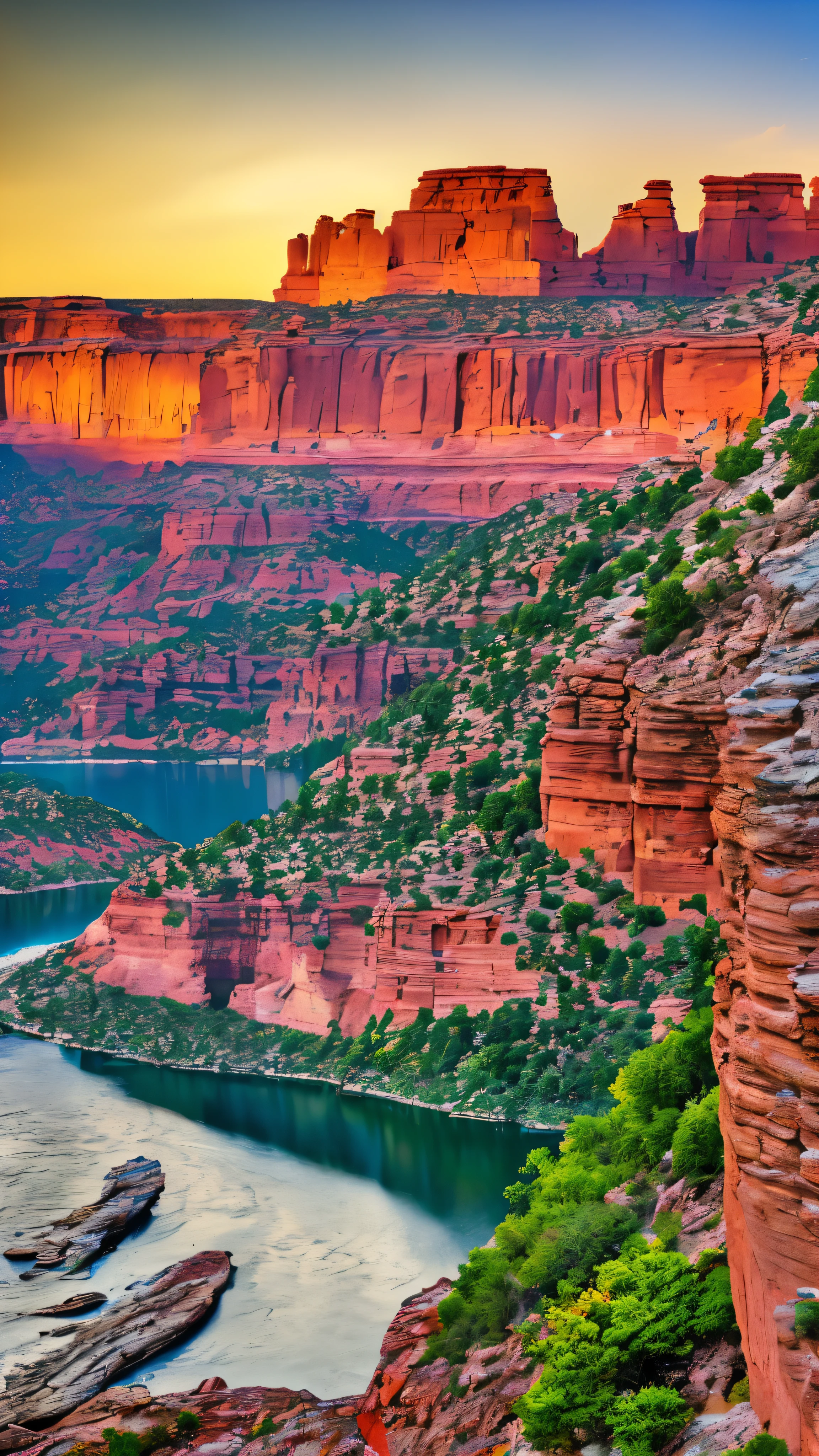 Ultra-high resolution、Photorealistic(1.4)、1 scene、The Colorado River flows downwards、Cliff face in the foreground、Elongated perspective inspired by Ansel Adams、In Panorama format、Capture the vast canyon and the bends of the river、(Bright sunlight:1.2)、(Deep blue sky:1.3)、(Rich and vibrant colors:1.5)、(Detailed rock formations:1.4)、(Sharp river edge:1.3)、(Water reflection:1.2)、(Surreal beauty:1.5)、 masterpiece, highest quality, 8K, landscape, colorado river, Panorama