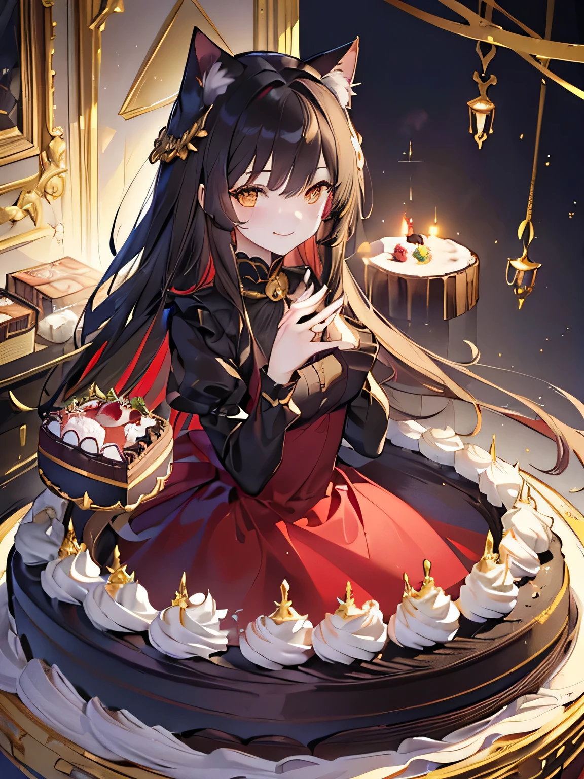 masterpiece,high quality:1.2,One girl,cute,whole body,(Cat ears:1.3),(golden eyes:1.3), (smile:1.3),(Gentle features:1.3),(Long, dark hair:1.3),(Eyes are golden:1.3),(Aristocratic Dress:1.3),(Red dress:1.2),(Black Dress), (Perfectly detailed eyes:1.3), Dynamic Angle, Intricate details,(feminine:1.4),(beautiful:1.4), (Charm:1.3) ,(Present Box:1.4),(Whole Cake:1.5),(Short Cake:1.2)