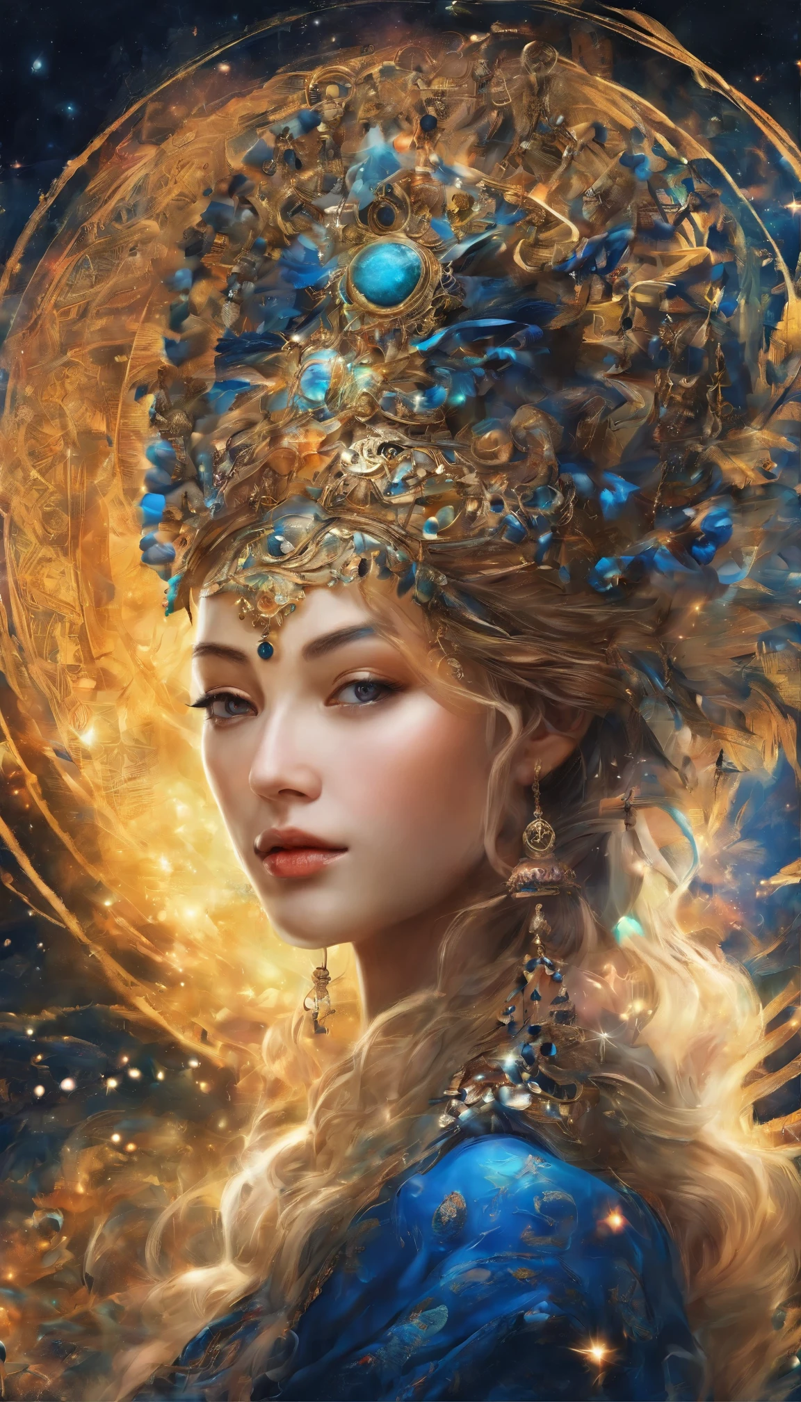 (The most ultra-realistic), Ultra-realistic , powerful welcome,(highest quality,Super detailed,Best Illustration,Best Shadow,masterpiece,High resolution,Professional artwork,Famous works of art),A masterpiece of photographic composition, Fine grain,Beautiful Eyes,Cleavage close-up, Science,Colored sclera,Robot Eyes,Strong facial pattern,Got a tattoo,(Fractalized,Fractal Eye),(Eye focus),Face Focus,Eye of the Nebula,Eyes of the Universe,Close-up of a metal sculpture of a woman with a moon in her hair,welcome。Extremely high detail,3d welcomes portrait,Extremely detailed footage of the welcomes,a stunning portrait of a welcomes,Side image of the welcomes,portrait of a beautiful welcomes,Full body close-up portrait of the welcomes,hecate welcomes,portrait of a norse moon welcomes,welcomes of space and time, Asian skin, A masterpiece of skin detail, Realistic Skin, A shining masterpiece of oil painting, Sea Art 2.1, trending seaart moon welcomes, The middle of a journey, particle, Warm Dark Blue, Gold Star Glow, ultra detail texture masterpiece, The best contrast, Golden Reflection, Super detailedなゴールドテクスチャ, light, Sparkling light reflections, Natural Color, Neutral Colors, (Neutral Color), Sparkling eyes, Glowing Eyes