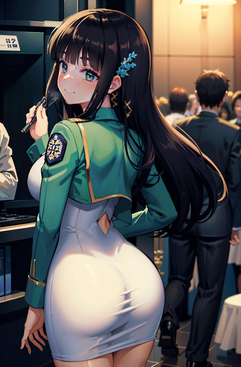 (Masterpiece, Best Quality, High Quality), volumetric lighting, illustration, beautiful, tight , Blushing, looking back,solo, posing for picture, seductive, perfect lighting, perfect shadows, ShibaMiyuki, hair ornament, , black necktie, white dress, green jacket, long sleeves, open jacket, high heels, smile 