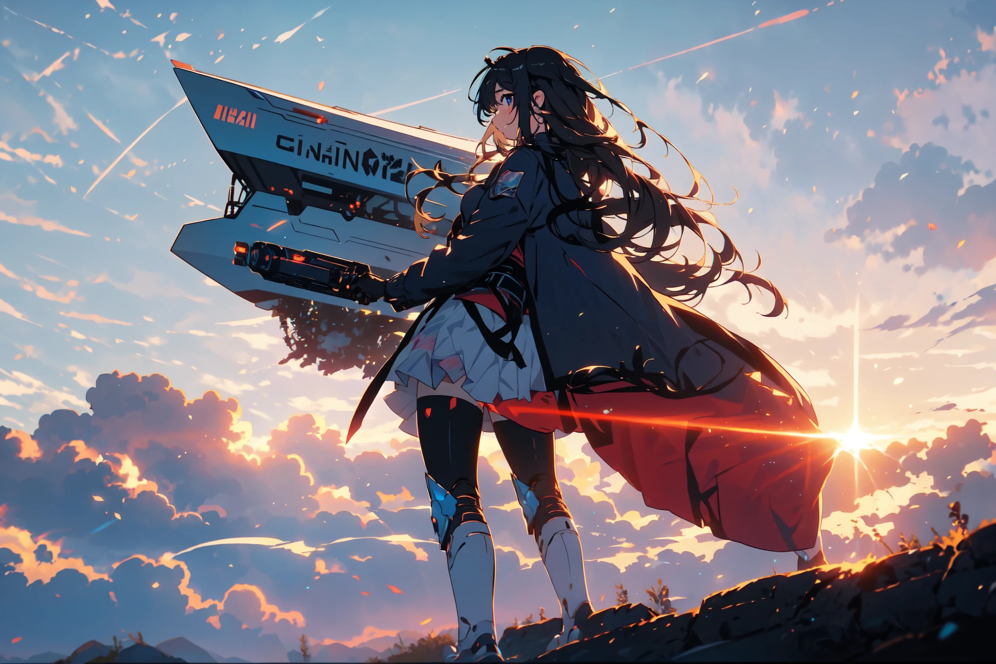 anime girl, cyber ronin, mecha, long hair, cool, sea of clouds, sunset, absurdly detailed, 8k, beautiful, high quality, wallpaper,